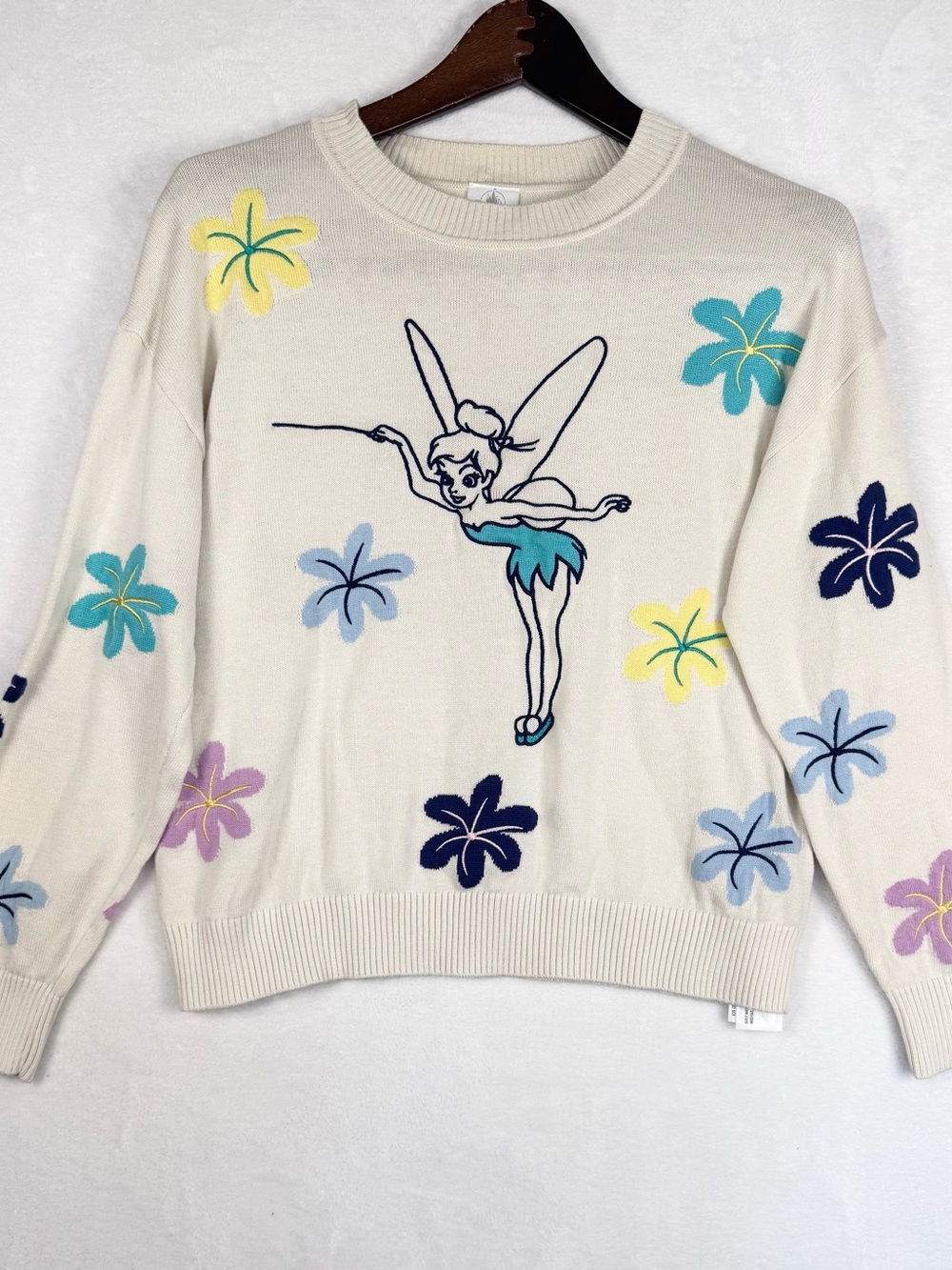 Disney Tinker Bell Floral Cream Knit Sweater Fairycore Pullover M